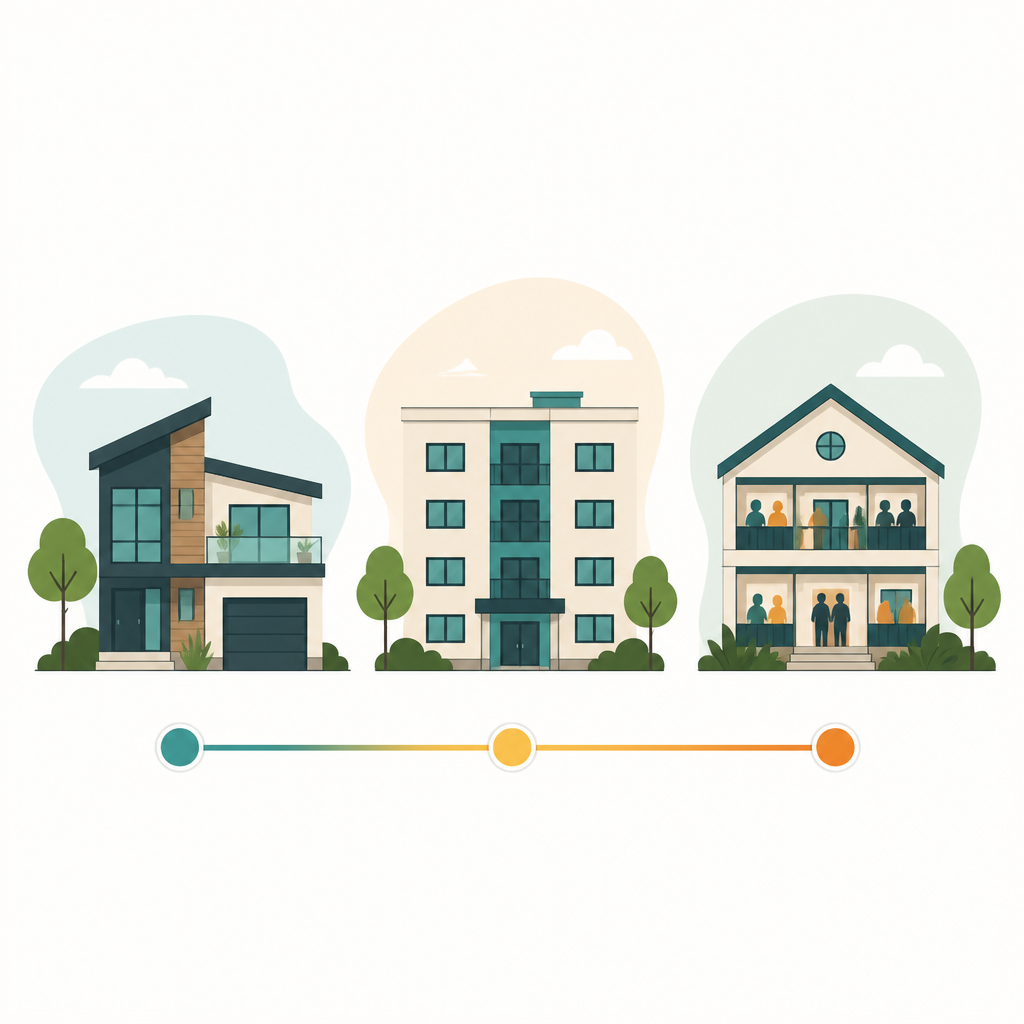 Diagram comparing market-rate housing, public housing, and cooperative housing on a spectrum.