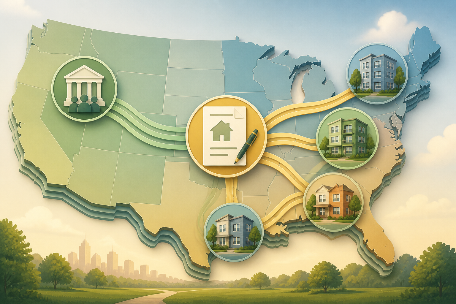 Illustration of layered state and local funding pathways connecting to cooperative housing across the United States.