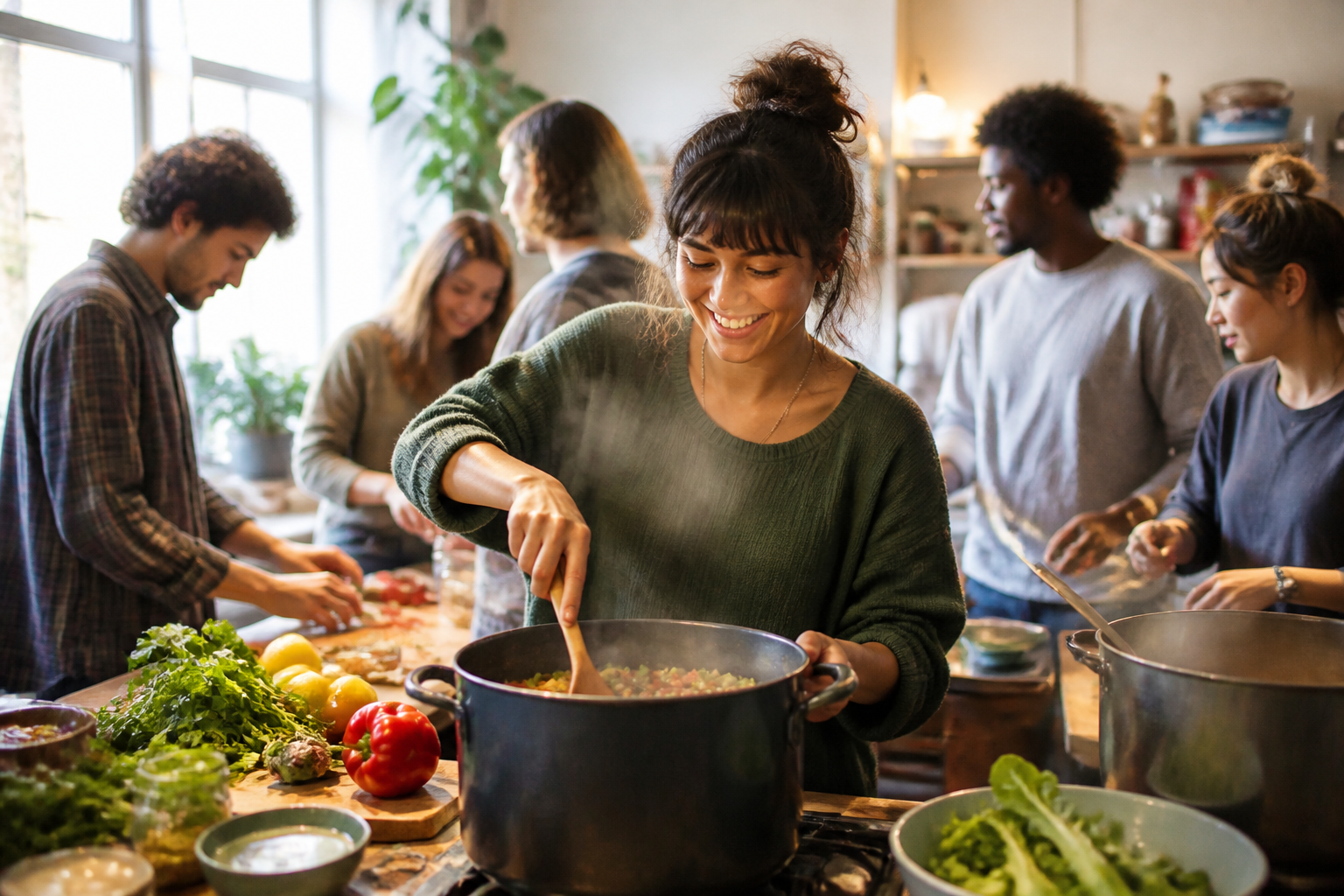 Students preparing a communal meal together in a cooperative house kitchen as part of shared labor.