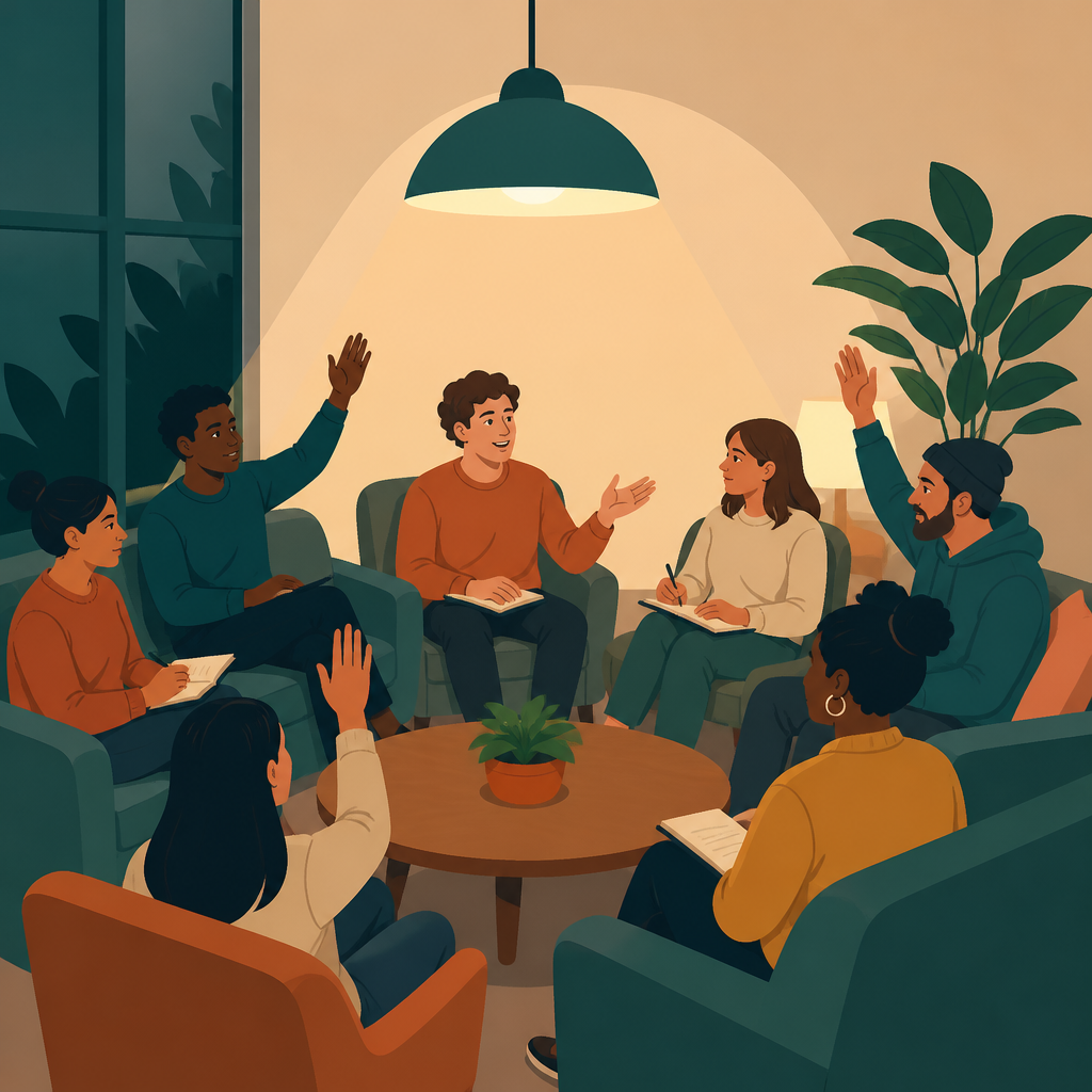 Co-op members holding a democratic house meeting and voting in a shared common room.