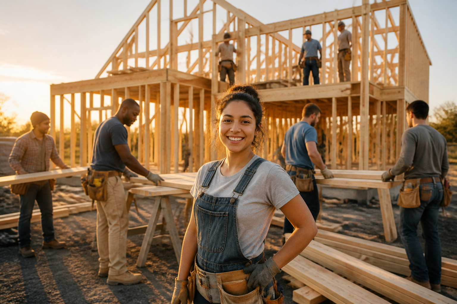 Neighbors working together to frame a wood-framed house, illustrating self-help sweat equity housing construction.