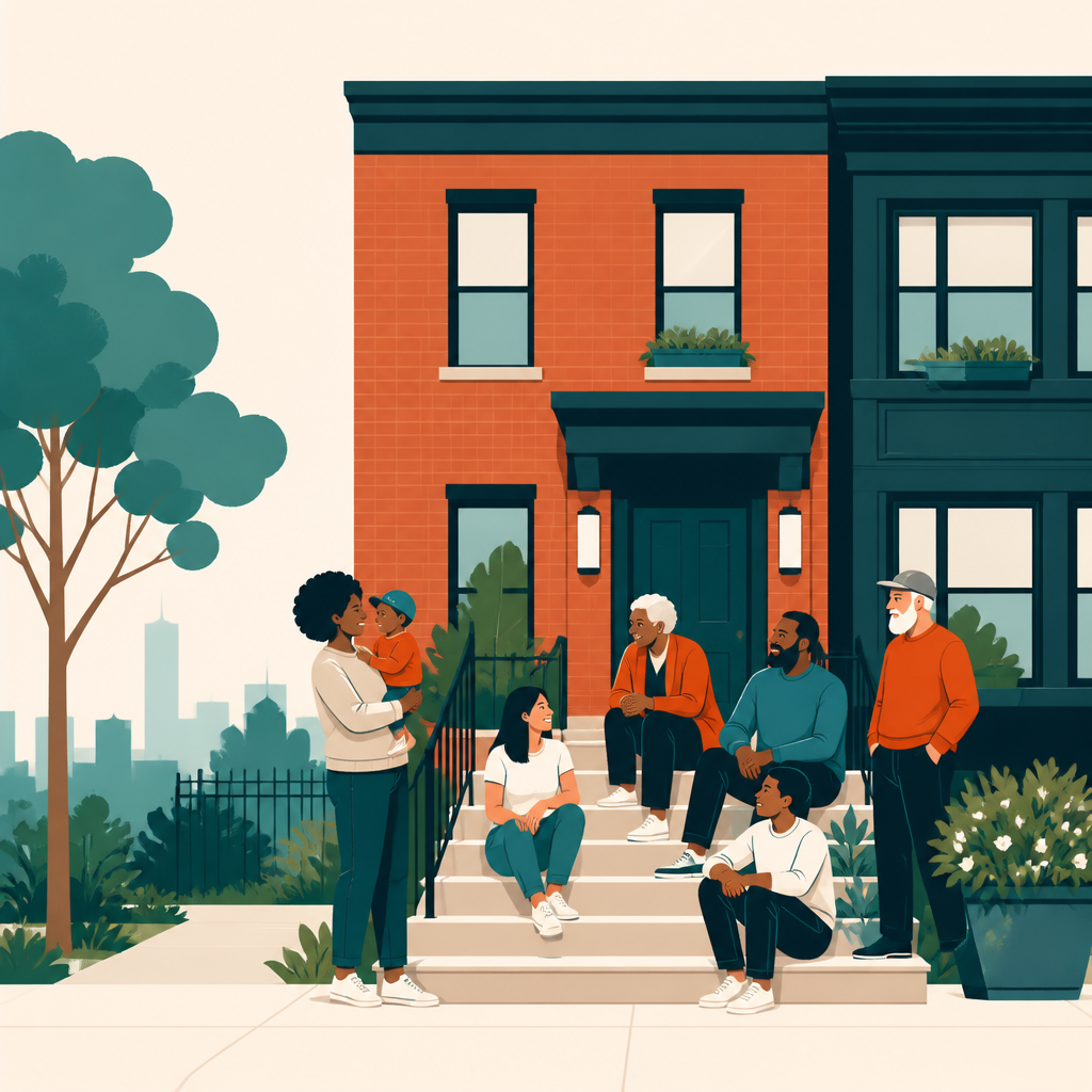 Residents gathered outside a rehabilitated urban apartment building owned as a limited-equity housing cooperative.