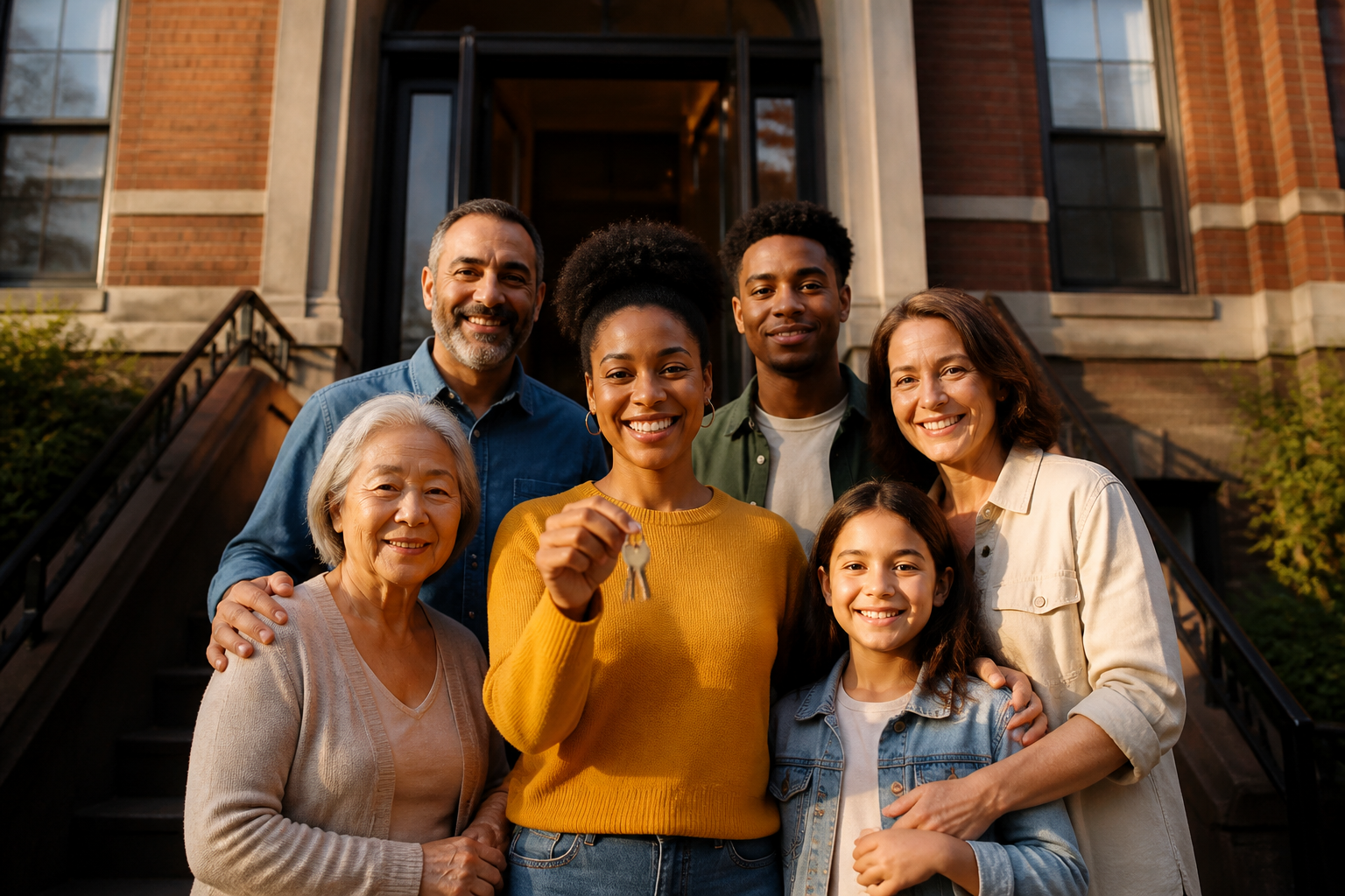 Residents of a converted apartment building stand together on the front steps as new cooperative member-owners.
