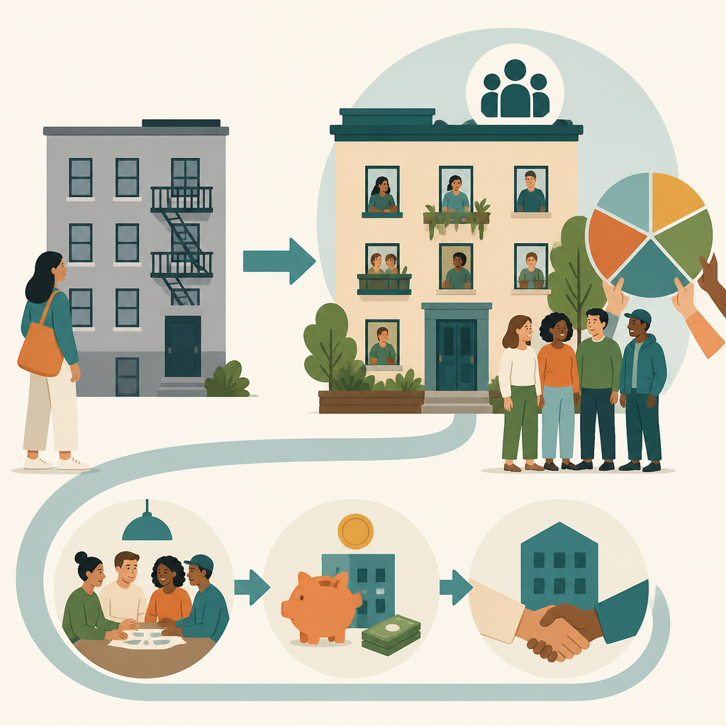 Illustrated diagram of the tenant-to-owner conversion process from rental building to housing cooperative.