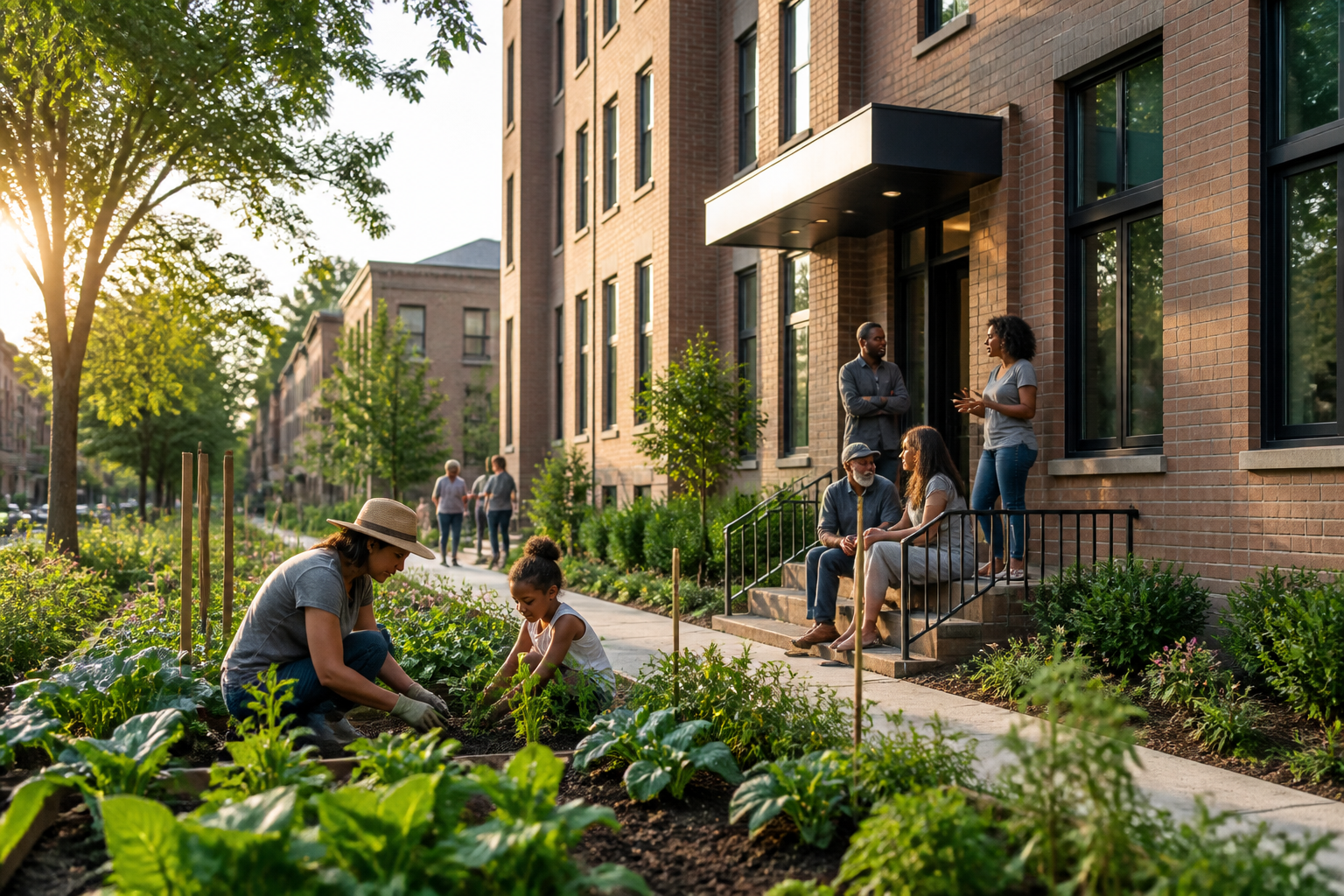 Diverse residents gather outside a renovated cooperative housing building on a recovering urban block.