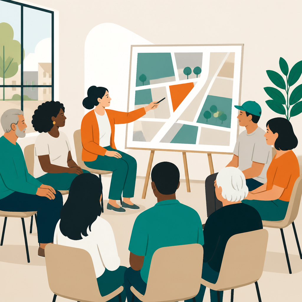 Neighborhood residents plan a housing cooperative together around a map of local parcels.