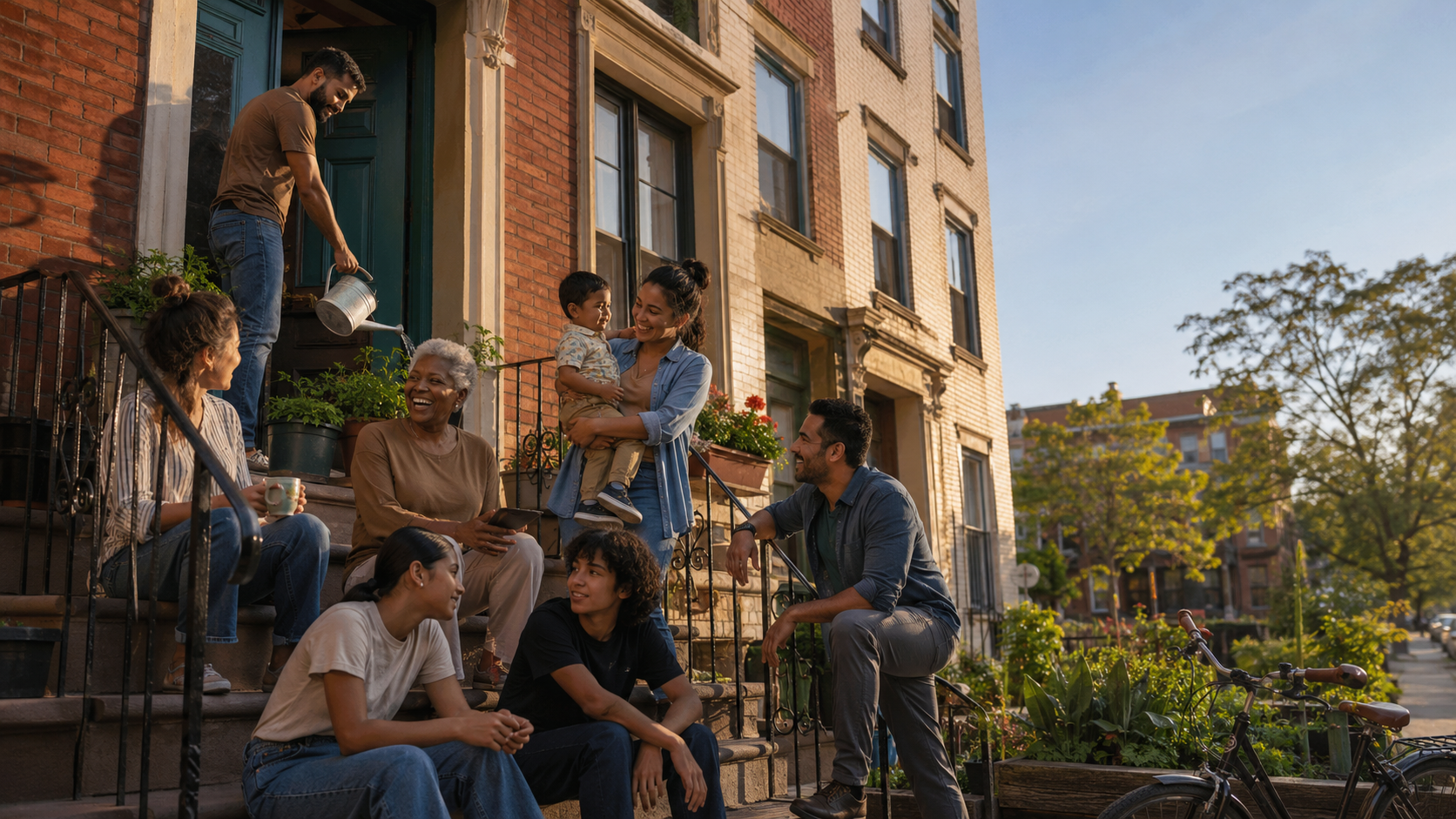Diverse residents gathered outside their cooperatively owned apartment building, representing community ownership of affordable housing.