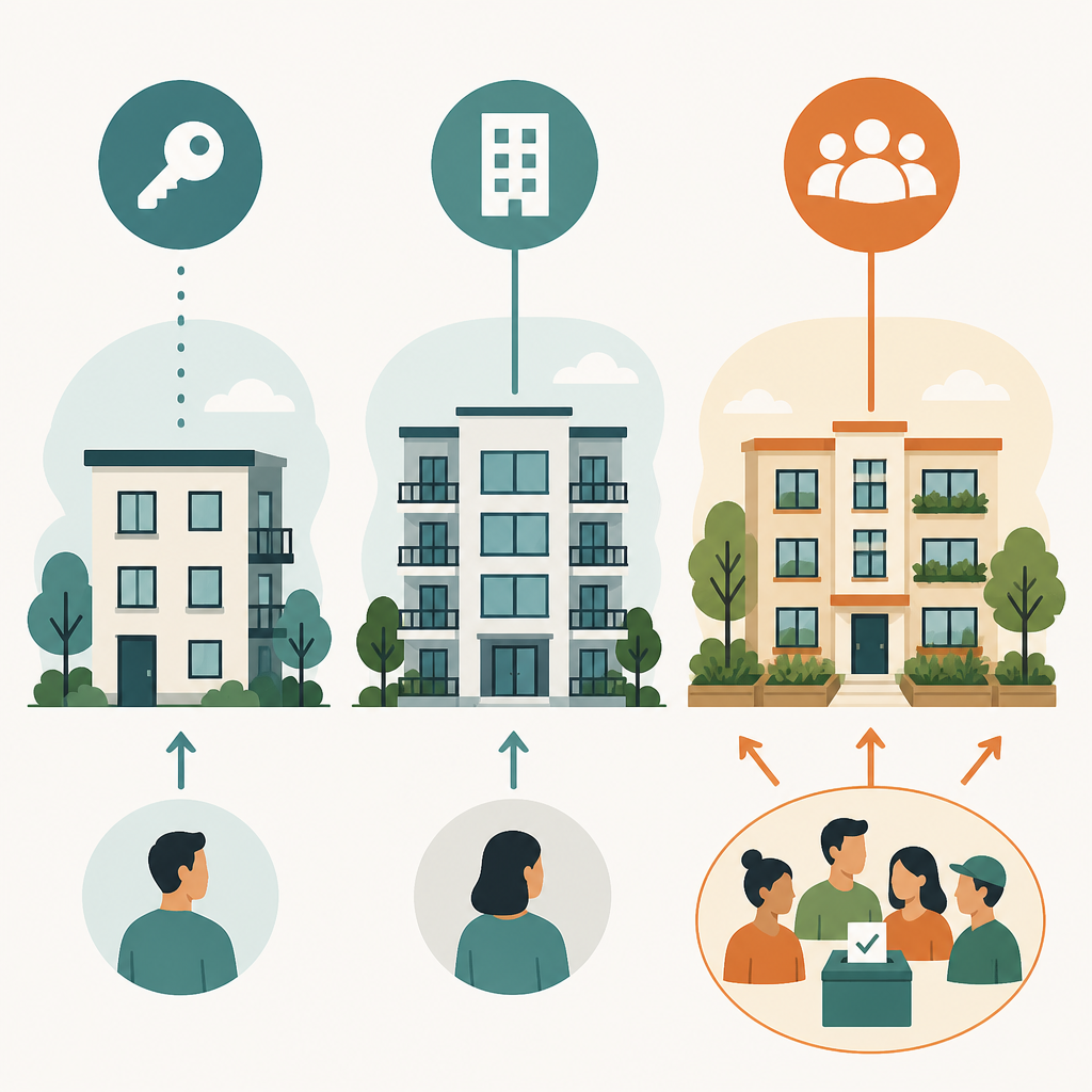 Illustration comparing renting, condominium, and housing cooperative ownership models.