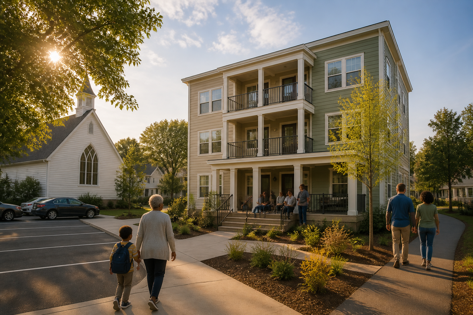 A neighborhood church beside a newly built three-story affordable apartment building with residents gathered outside.