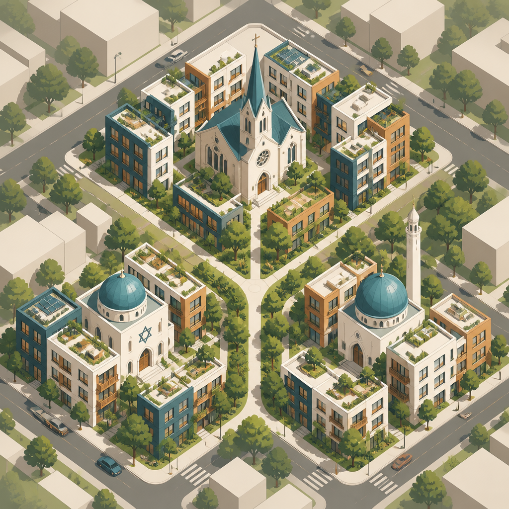 Aerial illustration of a city block where multiple faith communities have built housing on their land.