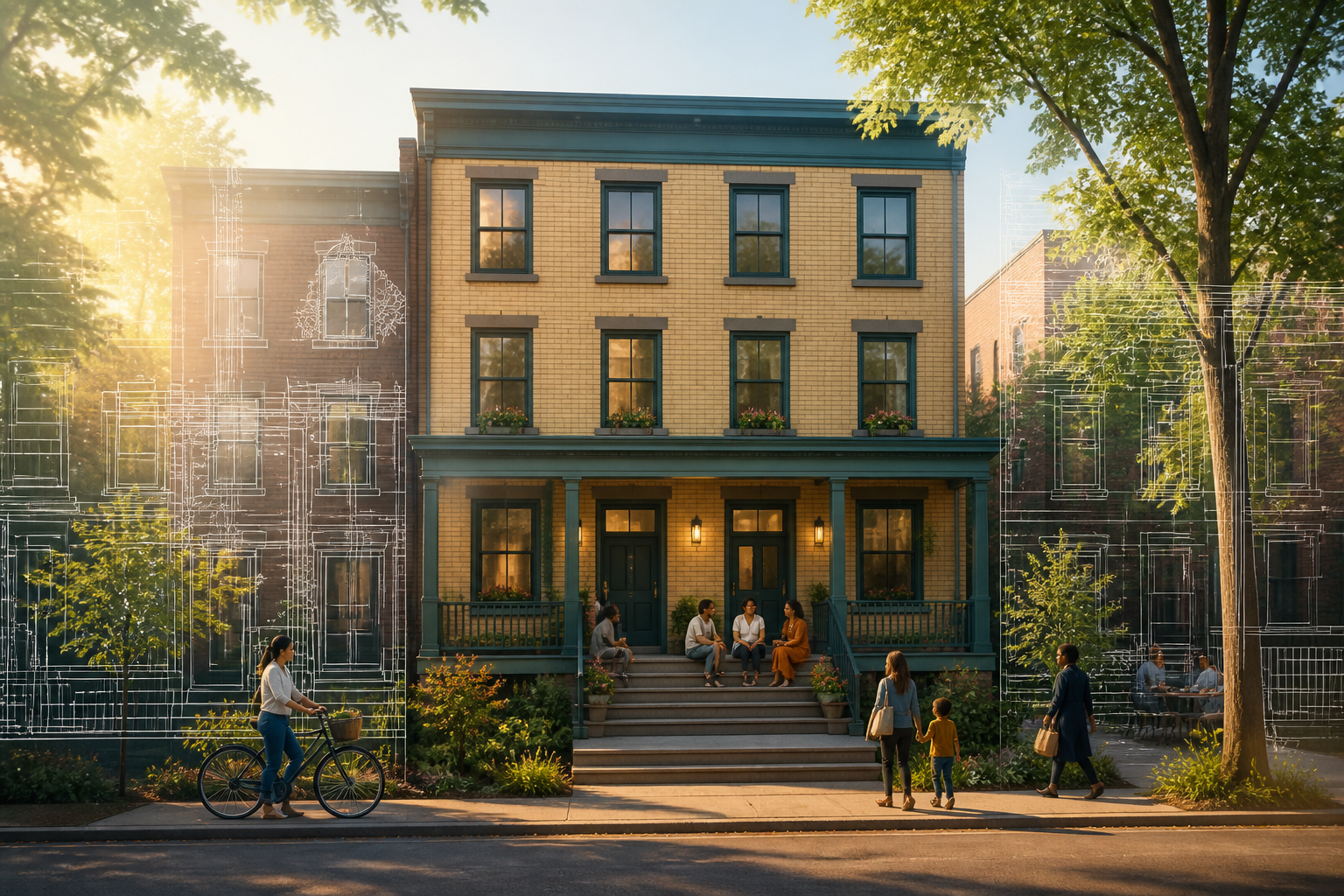 Illustration of a small missing-middle cooperative housing building on a tree-lined neighborhood street with residents outside.