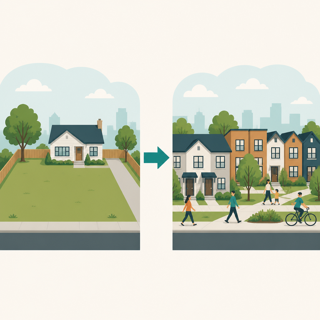 Comparison illustration of single-family zoning versus missing-middle housing types like duplexes and townhouses.